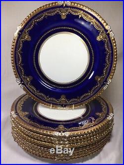 (10) AYNSLEY Heavy Gold & Jeweled Cobalt 10.5 Inch DINNER PLATES Mint