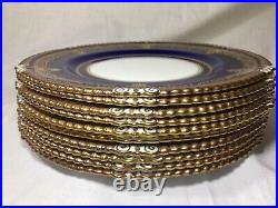 (10) AYNSLEY Heavy Gold & Jeweled Cobalt 10.5 Inch DINNER PLATES Mint