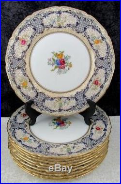 (10) Antique Royal Doulton Cobalt & Gold Gilt Bone China Dinner Plates