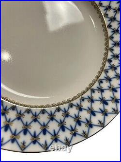 10 Lomonosov Cobalt Blue Net Porcelain Dinner Plates 9.5 VTG 22K Gold Russia