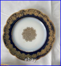 11 Antique M Redon Limoges Dinner Plate Cobalt Blue & Gold Lace Medallion #4259