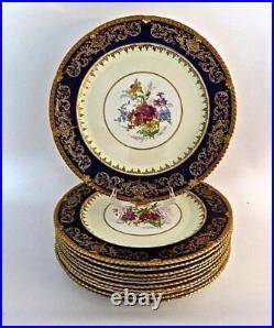 11 Exquisite Vintage Paragon Dinner Plates Cobalt Blue, Floral with Heavy Gold