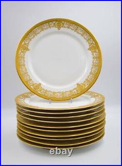 11 Limoges Large Gold & White Service/Dinner Plates, Raised Paste Gold