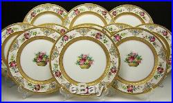 11 Superb Limoges Hand-painted Roses-in-a-vase Raised Gold Dinner Plates Signed