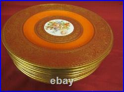 12 Antique Crown Staffordshire China Dinner Plates Gold Encrusted & Orange