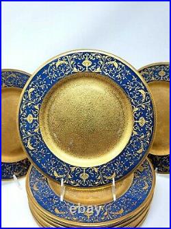 12 Antique Encrusted Service Dinner Plates Crown Staffordshire Blue Gold