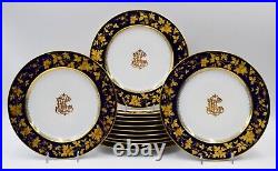 12 Antique Pirkenhammer Blue Raised Gold Dinner Plates, Circa 1900