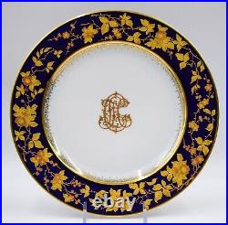 12 Antique Pirkenhammer Blue Raised Gold Dinner Plates, Circa 1900