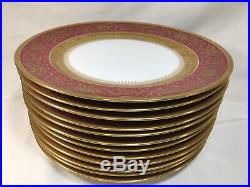 (12) C. Ahrenfeldt Limoges Burgundy/Gold Encrusted 10.25 DINNER PLATES Mint