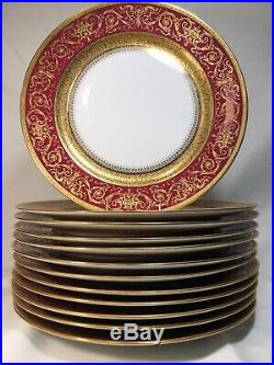 (12) C. Ahrenfeldt Limoges Burgundy/Gold Encrusted 10.25 DINNER PLATES Mint