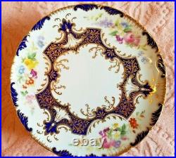 12 Cauldon Hand-Painted Botanical Dessert Gold & Cobalt Plates 1900-1909