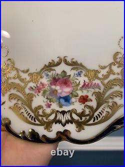 12 Cauldon Porcelain Plates Painted Flowers Cobalt Gold Signed Harrison Mint