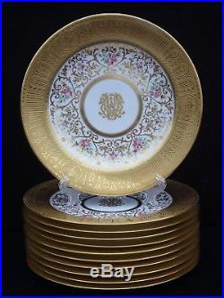 12 EXQUISITE CROWN SUTHERLAND GOLD ENCRUSTED DINNER PLATES With FLORAL MOTIF 2899