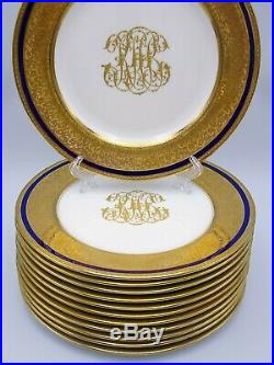 12 Elaborate Royal Doulton Dinner Plates Cobalt Gold Encrusted Raised Scrollwork