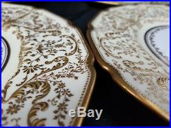 12 Elaborate Royal Doulton Dinner Plates Gold Encrusted Raised Scrollwork