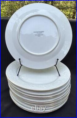 12 Farberware Calais Dinner Plates #4173 11 Embossed White Scroll Gold Trim EUC