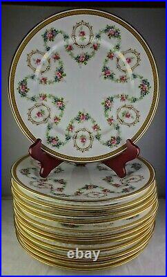 12 Guerin Limoges Floral Wreath & Heavy Gold Antique Porcelain Dinner Plates