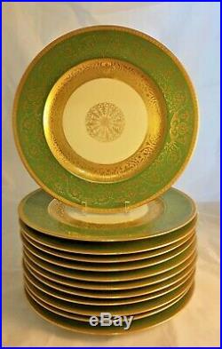 (12) HEINRICH & CO Selb Bavaria GREEN GOLD ENCRUSTED Dinner Plates Chargers