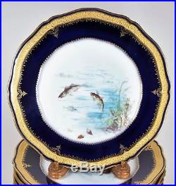 12 Haviland Limoges Cobalt Blue Gold Hand Painted Fish Dinner or Cabinet Plates