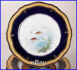 12 Haviland Limoges Cobalt Blue Gold Hand Painted Fish Dinner or Cabinet Plates