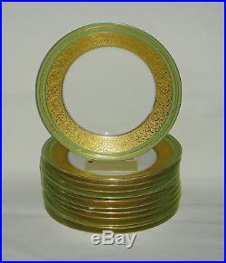 12 Heavy GOLD Encrusted Green Trim Dinner Plates COINGOLD Hutschenreuther KB