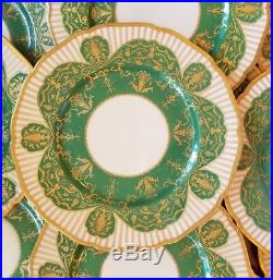 12 Hutschenreuther Black Knight Green, Ivory & Gold Encrusted Dinner Plates