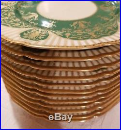 12 Hutschenreuther Black Knight Green, Ivory & Gold Encrusted Dinner Plates