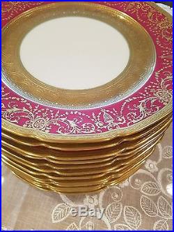12 Limoges Guerin Porcelain Dinner Plates, Ruby Red Raised Gold Encrusted Gilded