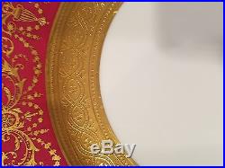 12 Limoges Guerin Porcelain Dinner Plates, Ruby Red Raised Gold Encrusted Gilded