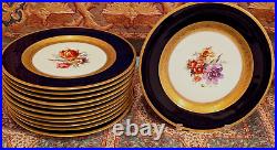 12 Plate Black Knight Cobalt Blue with Gold Encrusted and Floral Bouquet Center