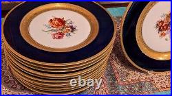 12 Plate Black Knight Cobalt Blue with Gold Encrusted and Floral Bouquet Center