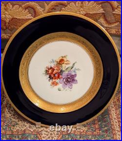 12 Plate Black Knight Cobalt Blue with Gold Encrusted and Floral Bouquet Center