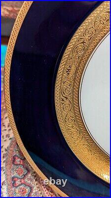 12 Plate Black Knight Cobalt Blue with Gold Encrusted and Floral Bouquet Center