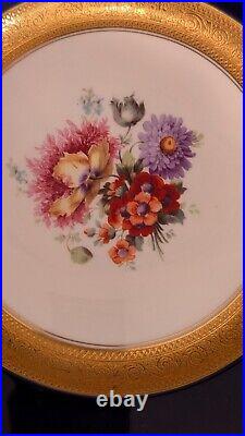 12 Plate Black Knight Cobalt Blue with Gold Encrusted and Floral Bouquet Center