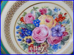 12 Rosenthal Dinner Plates Green Band Gold Encrusted Colorful Flowers England