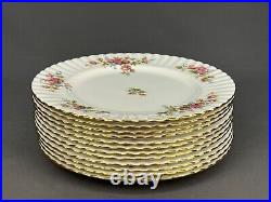 12 Royal Albert Moss Rose Dinner Plates 10 1/8 Pink Roses with Gold Trim Mint