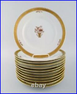 12 Royal Copenhagen Golden Basket dinner plates with gold edge
