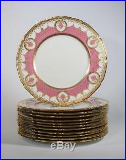12 Royal Doulton Raised Gold & Pink Dinner Plates Circa 1920