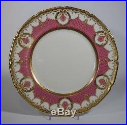 12 Royal Doulton Raised Gold & Pink Dinner Plates Circa 1920