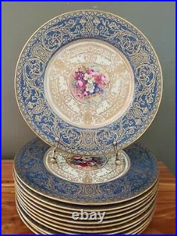 12 Royal Worcester Blue Turquoise H. Painted 10.75 Dinner Plates E. Phillips