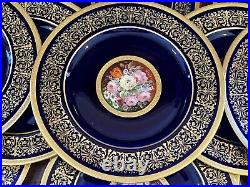 12 Sevres Style Porcelain Heinrich & Co Dinner Plates Cobalt Blue & Gold 11