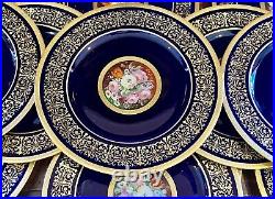 12 Sevres Style Porcelain Heinrich & Co Dinner Plates Cobalt Blue & Gold 11