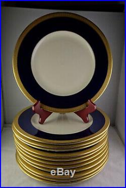 12 Syracuse China Queen Anne Dinner Plates Cobalt Gold Encrusted Made In USA