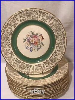 12 Victorian Johnson Bros Green Gold Filigree Etch Scalloped Dinner Plates