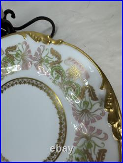 12 Vintage Antique 1906 JPL Jean Pouyat Limoges Gold Pink Flower Plates 8.5