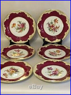 (12) Vintage TIRSCHENREUTH P. T. Burgundy Gold Floral Dinner Plates TIR150 EUC