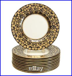 12 Wedgwood Porcelain Dinner Plates, circa 1910. Black and Gold Designs