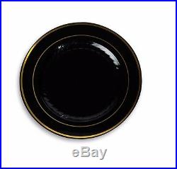 120 ct 10 Plastic Dinner Plates China Look Black-Gold Rim Masterpiece Style