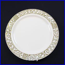 120 x 10/26cm Cream Gold Rim Strong Disposable Plastic Dinner Plates Wedding