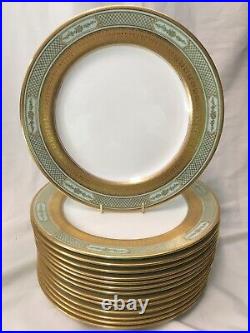 (14) c1931 Royal Doulton Mint Green & Gold Encrusted 10.25 DINNER PLATES E8142